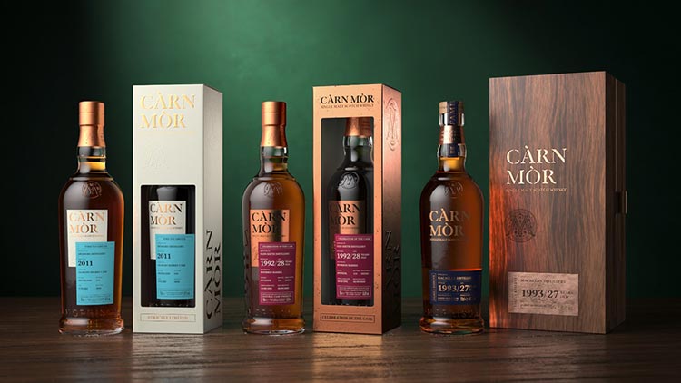 Pictured (from left to right): The Càrn Mòr  range including Strictly Limited, Celebration of the Cask and Family Reserve.